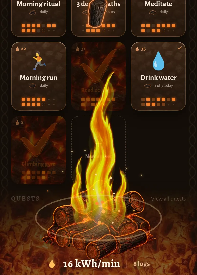 Embercraft on a phone: a finished habit throws its logs onto a burning fire.